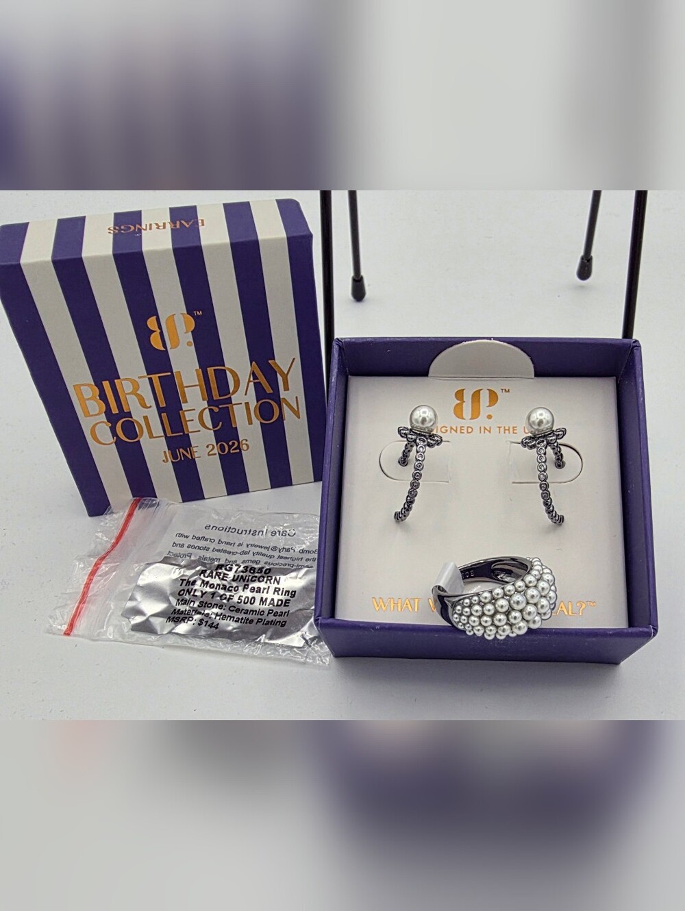 BP Hematite Pearl Accent Rare "Unicorn" Ring & Earrings Set